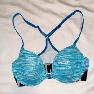 VS PINK Teal Logo Racerback Push Up Bra Size 32B Front Clasp Logo
